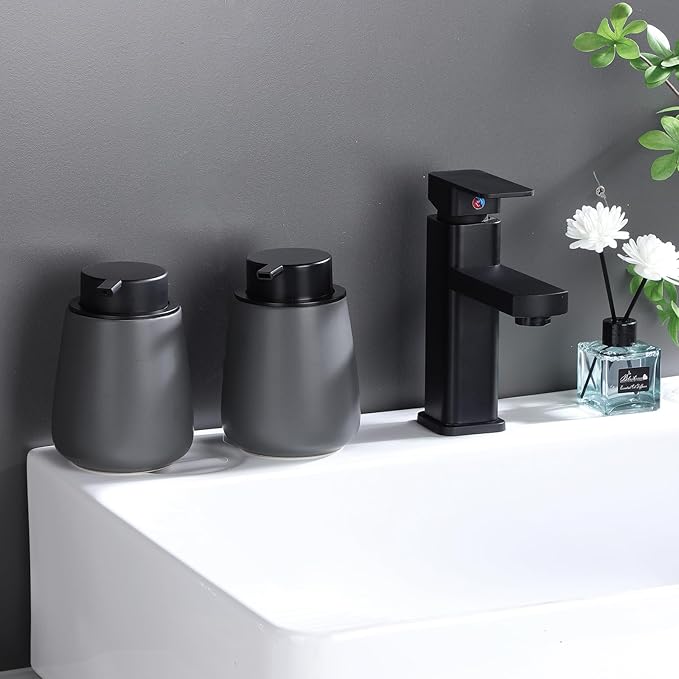 12Oz Hand Soap Dispenser Set - 2 Pack Ceramic Lotion Soap Dispenser Set with Easy-to-Press Black Pump, Refillable Mordern Liquid Dish Soap Dispensers for Bathroom & Kitchen (Grey, Liquid Pump)