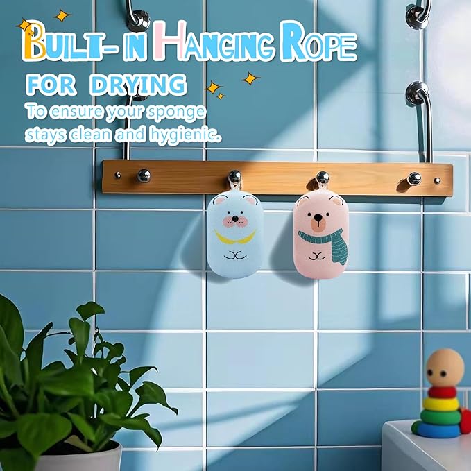 JieLiLeHome Baby and Kids Bath Loofah Sponge, Soft and Absorbent Toddler Exfoliating Body Scrubber Shower Loofa Sponge,Cute Pattern Design for Kids Baby Women Boys and Girl, 3 Pack (Bear/Dog/Cat)