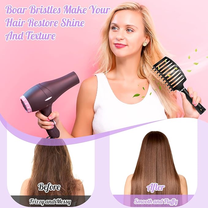 Hair Brush,URTHEONE Detangling Hairbrush Boar Bristle Curved Vented Hair Brush for Women Men Kids Curly Thick Long Short Wet or Dry Hair, Faster Blow Drying(2Pack, Black&Purple）