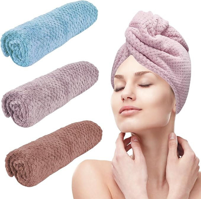3 Pack Microfiber Hair Towel Wrap for Women, Fast Drying Hair Turban with Button, Anti-Frizz Large Hair Towel for All Hair Styles, Soft & Absorbent Hair Drying Towel (Purple, Bule, Brown)