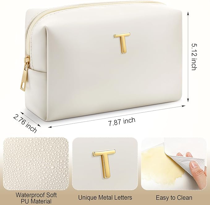 Kigeli Gifts for Women Teen Girls Gifts for Bridesmaid Mom Teachers Graduation Birthday Wedding Personalized Initial Makeup Bag Beige PU Leather Monogram Cosmetic Waterproof Travel Toiletry Bag(T)