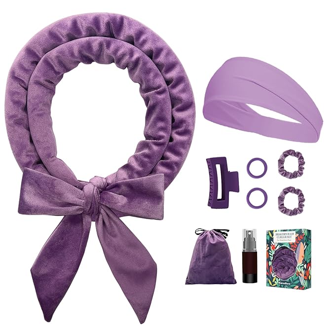 Gwabee No Heat Overnight Curl Headband, 70" Soft Ribbon Wrap with 9 PCS Curling Rods and Yoga Strap - Purple