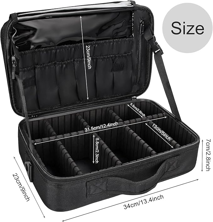 Relavel Makeup Bag Travel Makeup Train Case Large Cosmetic Case Professional Portable Makeup Brush Holder Organizer and Storage with Adjustable Dividers and Shoulder Strap Black