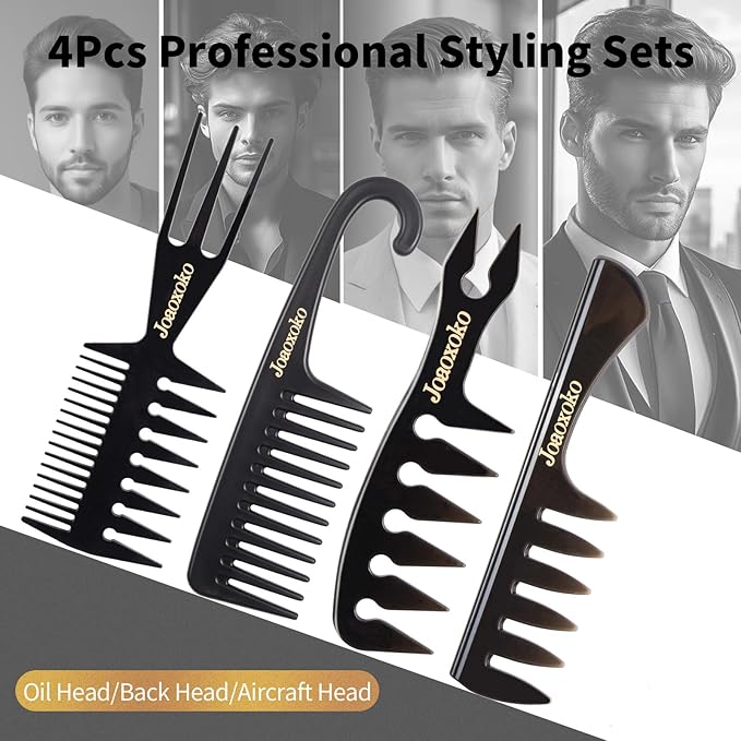 joaoxoko Wide Tooth Comb Set for Men - 4 Pcs Professional Barber Combs with Anti-Static Design, Reduce Hair Pulling for Curly Thick Hair, Textured ABS Black Combs for Travel Salon Home Grooming