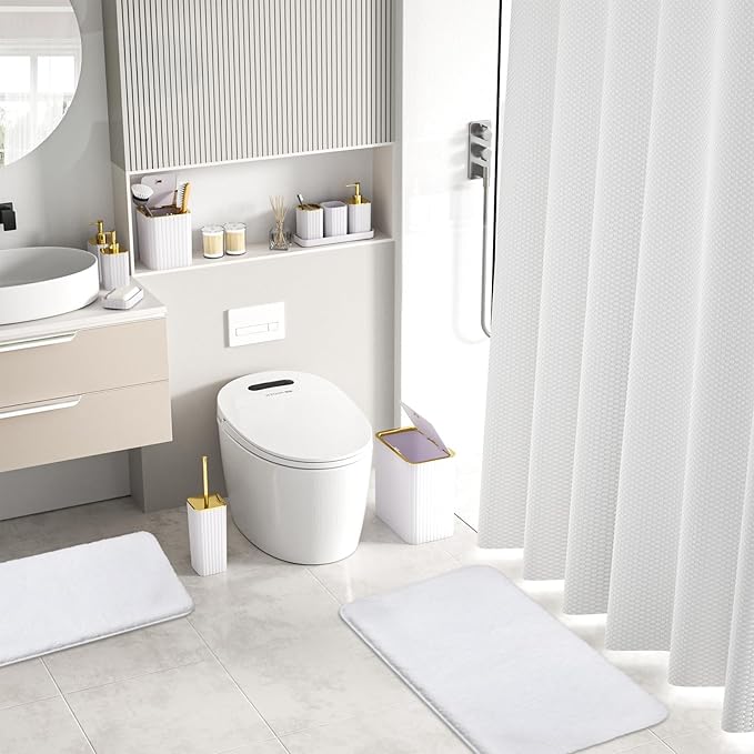 InnJoey Bathroom Accessory Set - Bathroom Set, 27PC Bathroom Accessories Set, White Bathroom Sets with Shower Curtain and Rugs, Mini Trash Can, Toilet Brush, Trash Can & Soap Dispenser