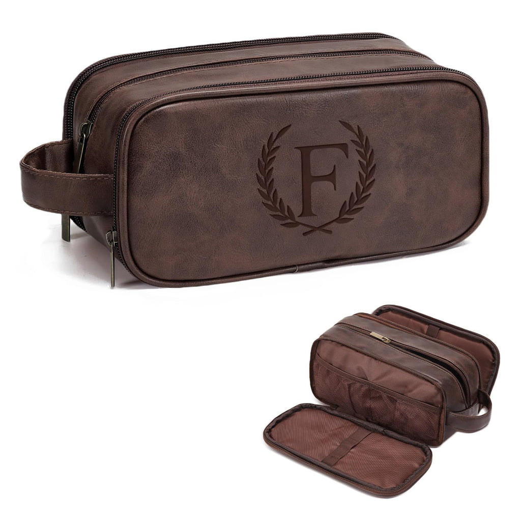 Travel Toiletry Bag For Mens PU Leather Engraved Initials (Dark Brown F)