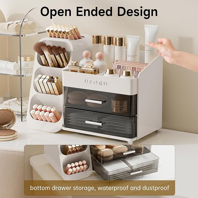 UFORU Makeup Organizer for Vanity with Brush Holder, Large Capacity Bathroom Countertop Skincare Organizer with 2 Drawers, Cosmetic Display Case for Perfumes, Eyeshadow Palettes, Nail Polishes