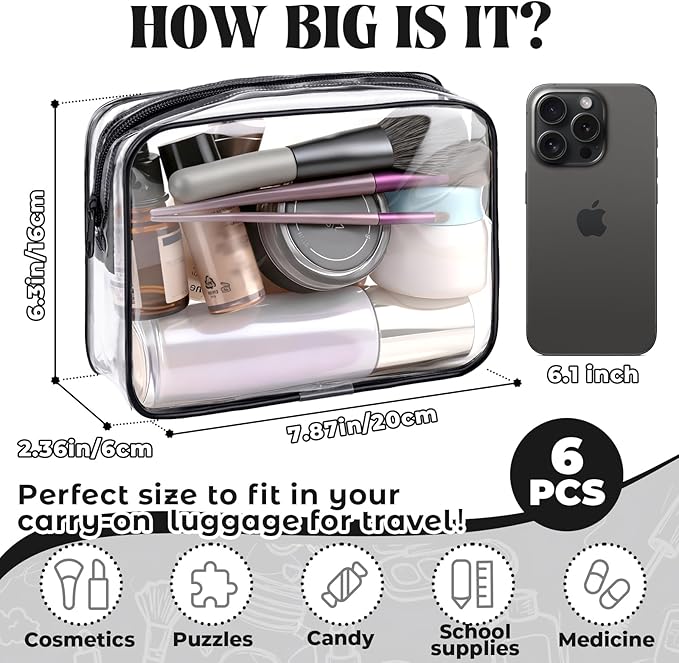 CHICAUP 6 Pieces Clear Makeup Bags Bulk TSA Approved Toiletry Bag for Travel PVC Waterproof Clear Cosmetic Pouch with Zipper for Men and Women Carry-on Travel Essentials (Black)