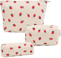 Gocvo 3 Pcs Makeup Bag Cosmetic Bag Set for Girls Women Travel Organizer Bathroom Toiletry Pouch Large Capacity Storage Bag (Strawberry Beige)