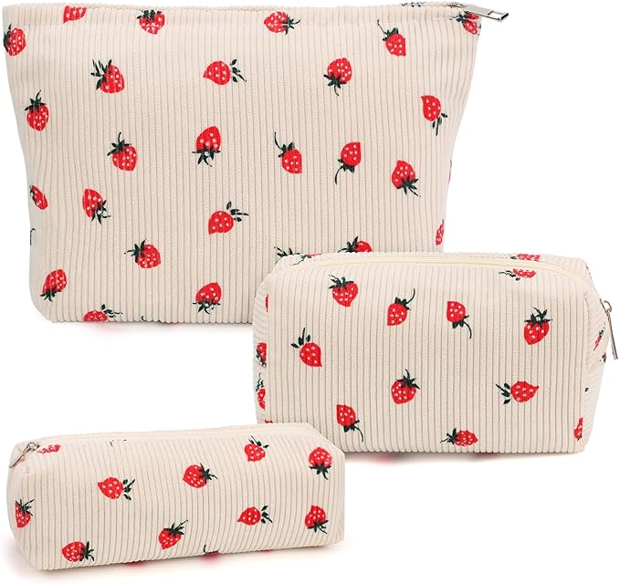 Gocvo 3 Pcs Makeup Bag Cosmetic Bag Set for Girls Women Travel Organizer Bathroom Toiletry Pouch Large Capacity Storage Bag (Strawberry Beige)