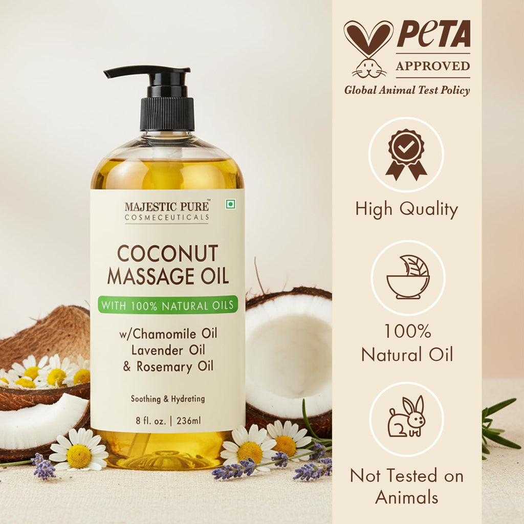 Majestic Pure Coconut Massage Oil, Moisturizing Body Oil, 8 Fl Oz