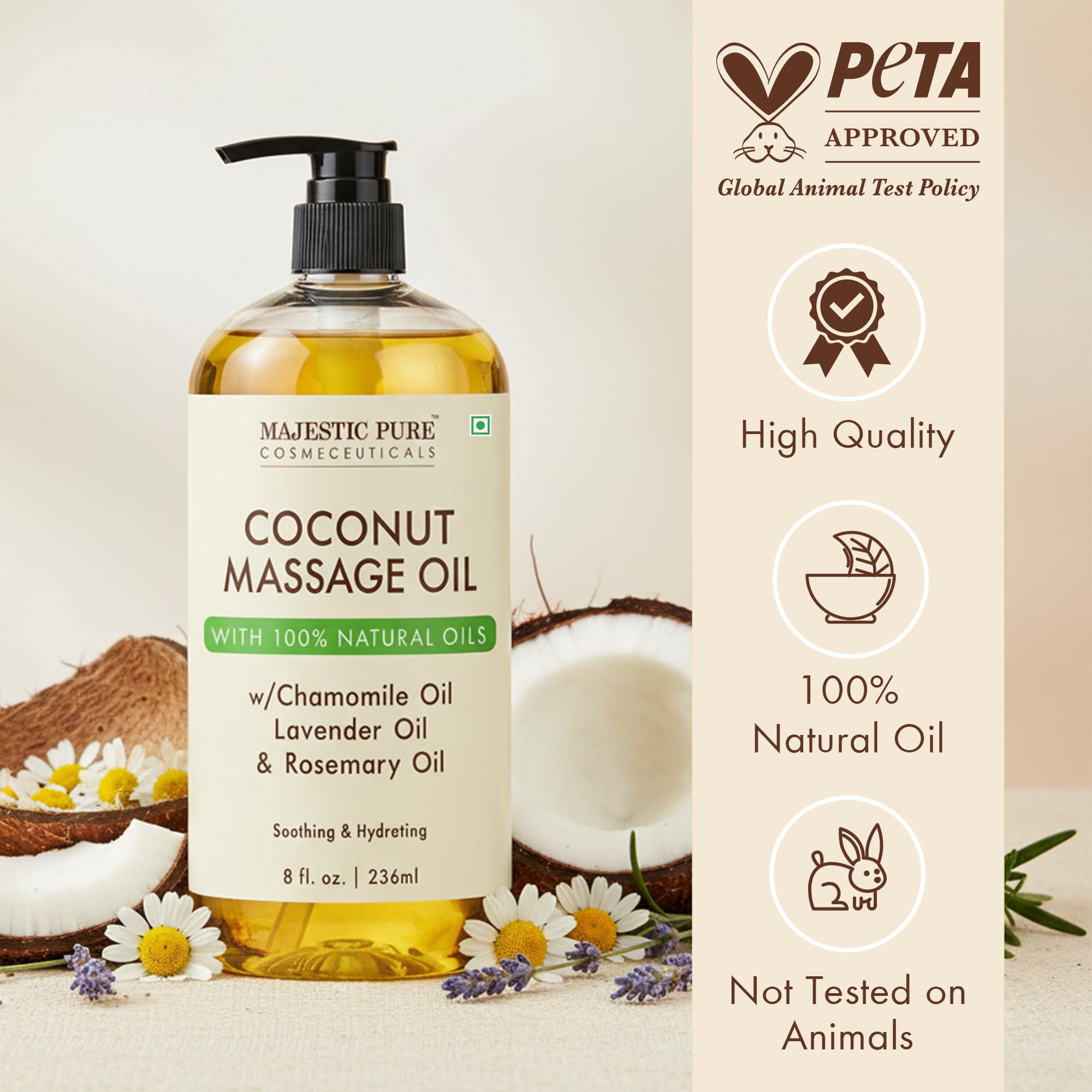 Majestic Pure Coconut Massage Oil, Moisturizing Body Oil, 8 Fl Oz