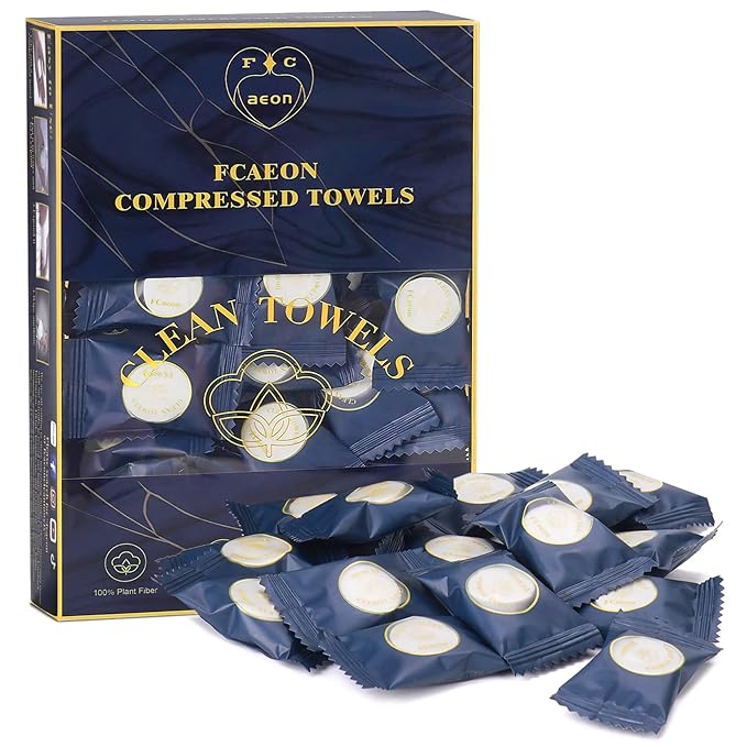 Fcaeon Disposable Face Towel 100 Count Compressed Towel Tablets Individually Wrapped 9×7.5 Inch Portable Washcloths Compact Cloths for Travel Hiking Camping Gym Fitness Outdoor Gear Hotel Stay (Blue)