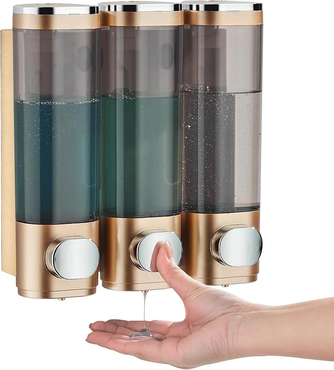 Shampoo and Conditioner Dispenser, Pollock Shower Soap Dispenser 3 Chamber No Drill, Wall Mounted Shampoo Body Wash Conditioner for Bathroom Large Capacity, Hotel Gold