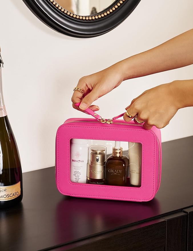 Popvibe Clear Makeup Case Toiletry Bag Travel Medium Clear Cosmetic Bag with Zipper, Make Up Bag Organizer Traveling TSA Approved Transparent Bag Car for Essentials, Mini & Medium, Hot Pink