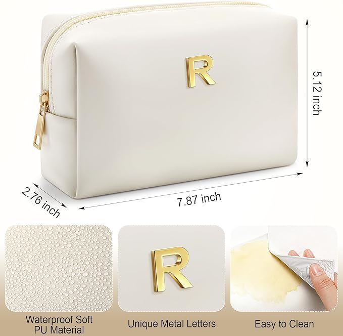 Kigeli Gifts for Women Teen Girls Gifts for Bridesmaid Mom Teachers Graduation Birthday Wedding Personalized Initial Makeup Bag Beige PU Leather Monogram Cosmetic Waterproof Travel Toiletry Bag(R)