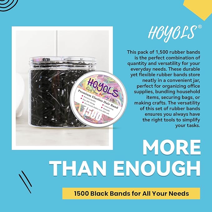 HOYOLS Black Elastic Hair Ties Rubber Bands Mini Polyband Soft Ponytail Holder for Teens Girls TPU Pack 1500