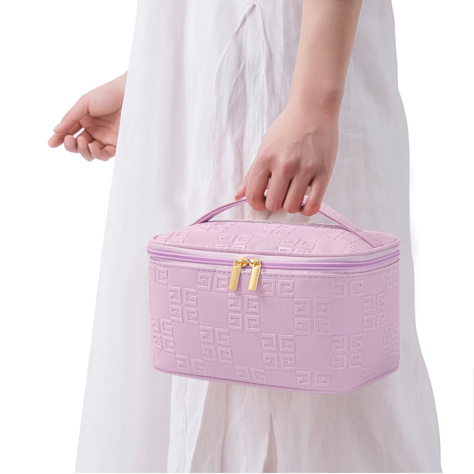 Meiyuuo Travel Makeup Bag for Women, PU Leather Cosmetic Bag, Light Purple
