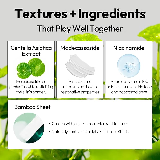 LAPCOS K Beauty Cica Sheet Mask - Regenerating & Soothing Face Masks with Niacinamide & Centella Asiatica for Dull, Damaged Skin Barrier - Highly Breathable Bamboo Sheet - Korean Skin Care (Pack of 5)