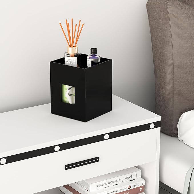 Hongtuocb Black Acrylic Tissue Box Cover with Storage Tray ,Square Acrylic Tissue Box Holder Napkin Dispenser for Bathroom Kitchen Home Office (Black, 5.5x5.5x6.7)