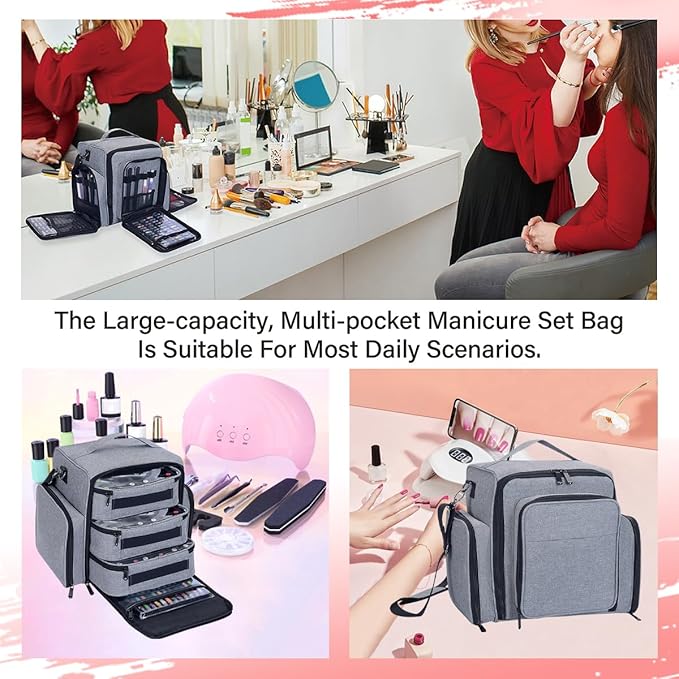 UOZL Nail Polish Organizer Case Hold 90 Bottles with 3 Detachable Bag,Grey