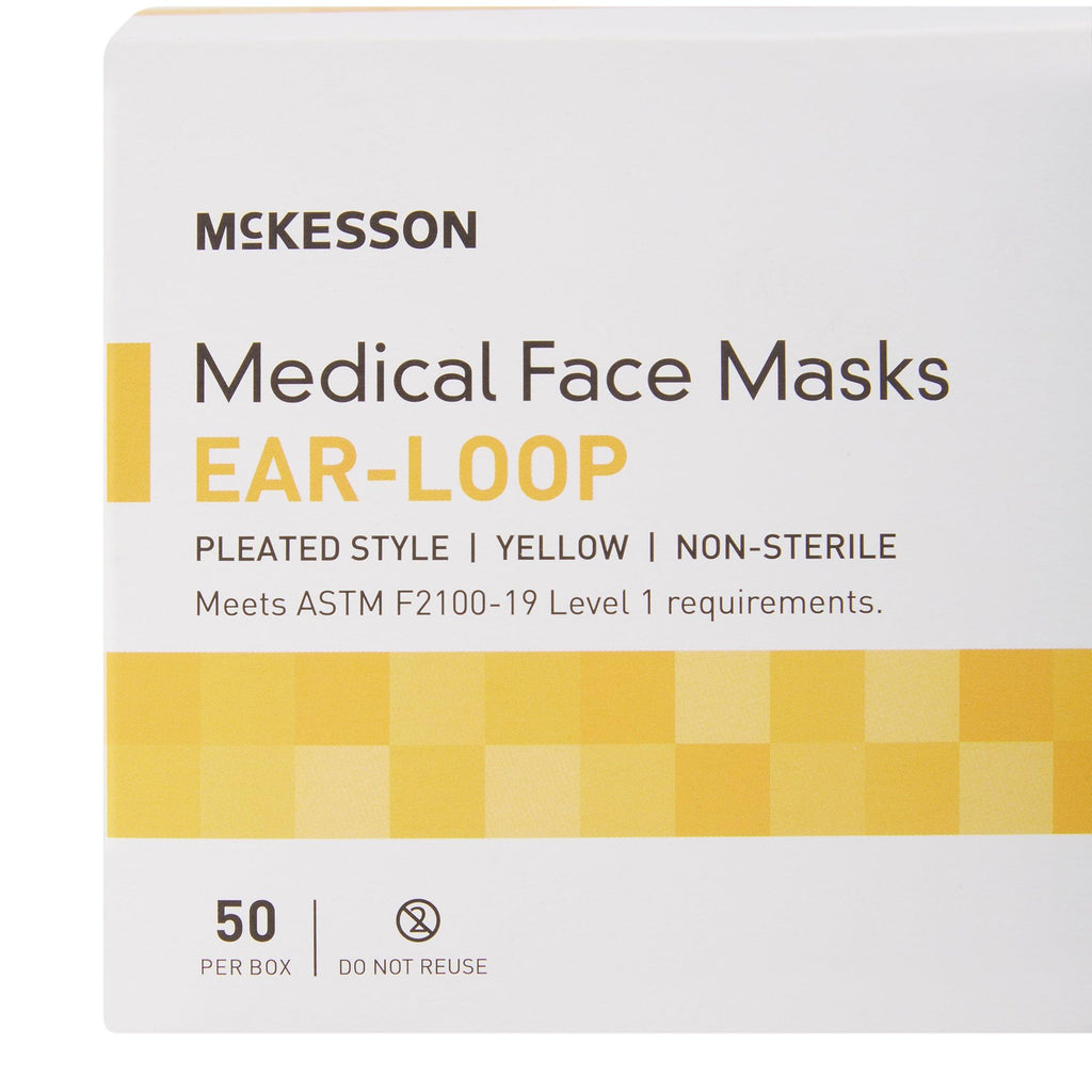 McKesson Medical Face Masks, Level 1 - Pleated with Ear Loops, Non-Sterile, Yellow - One Size Fits Most Adults, 7 in x 3.75 in, 50 Count, 1 Pack