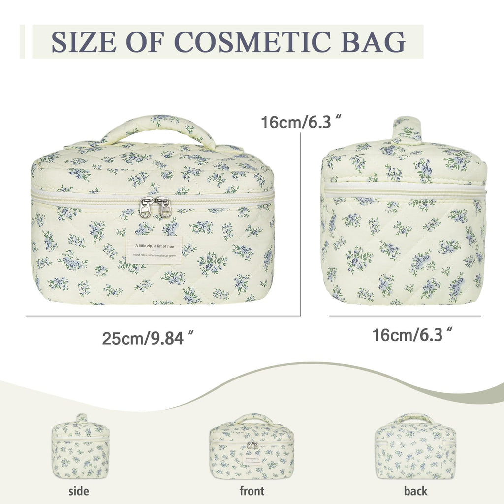 Gosect Large Travel Quilted Makeup Bag for Women,Big Floral Cotton Cosmetic Bag, Cute Coquette Aesthetic Floral Toiletry Organizer Bag (Blue Flower)