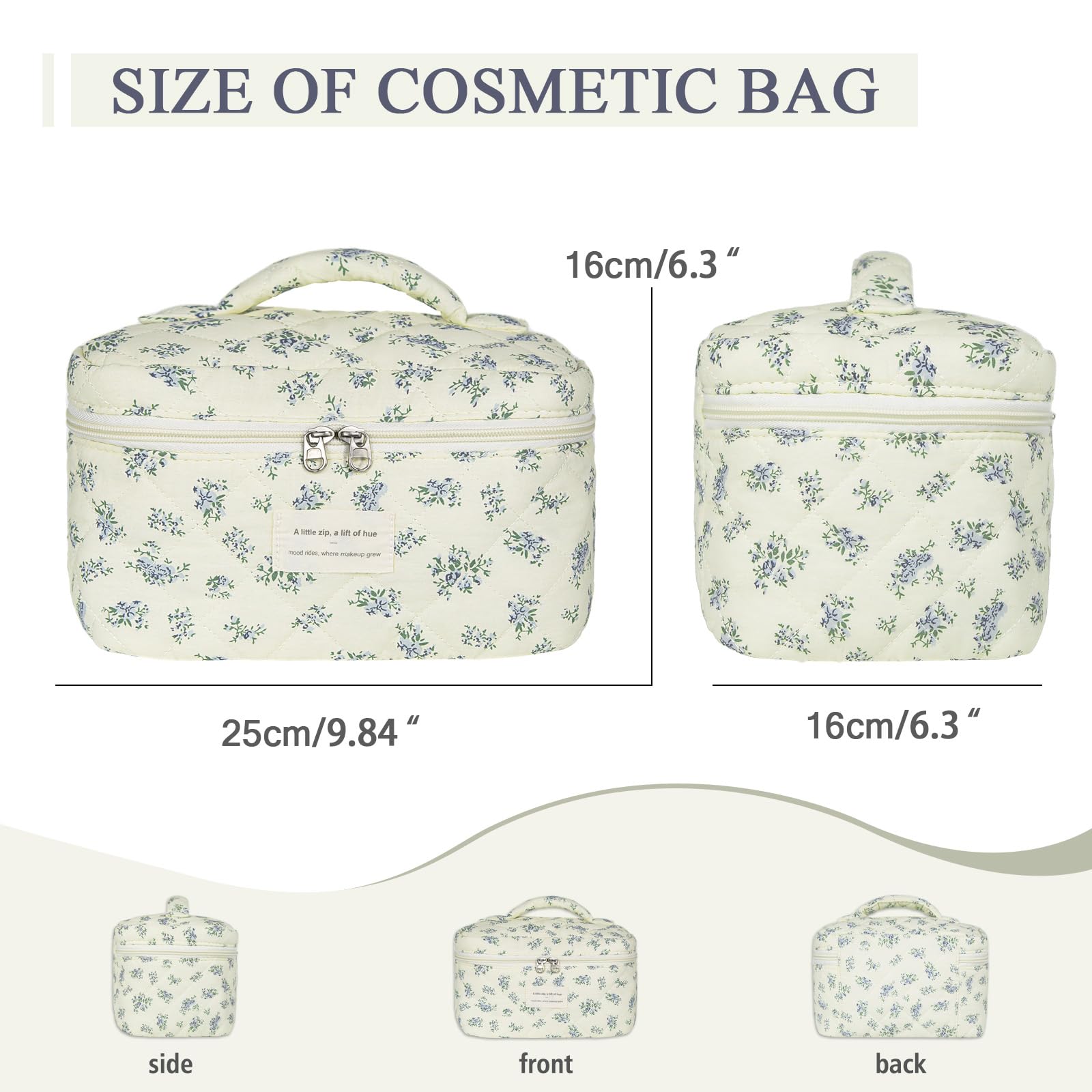 Gosect Large Travel Quilted Makeup Bag for Women,Big Floral Cotton Cosmetic Bag, Cute Coquette Aesthetic Floral Toiletry Organizer Bag (Blue Flower)