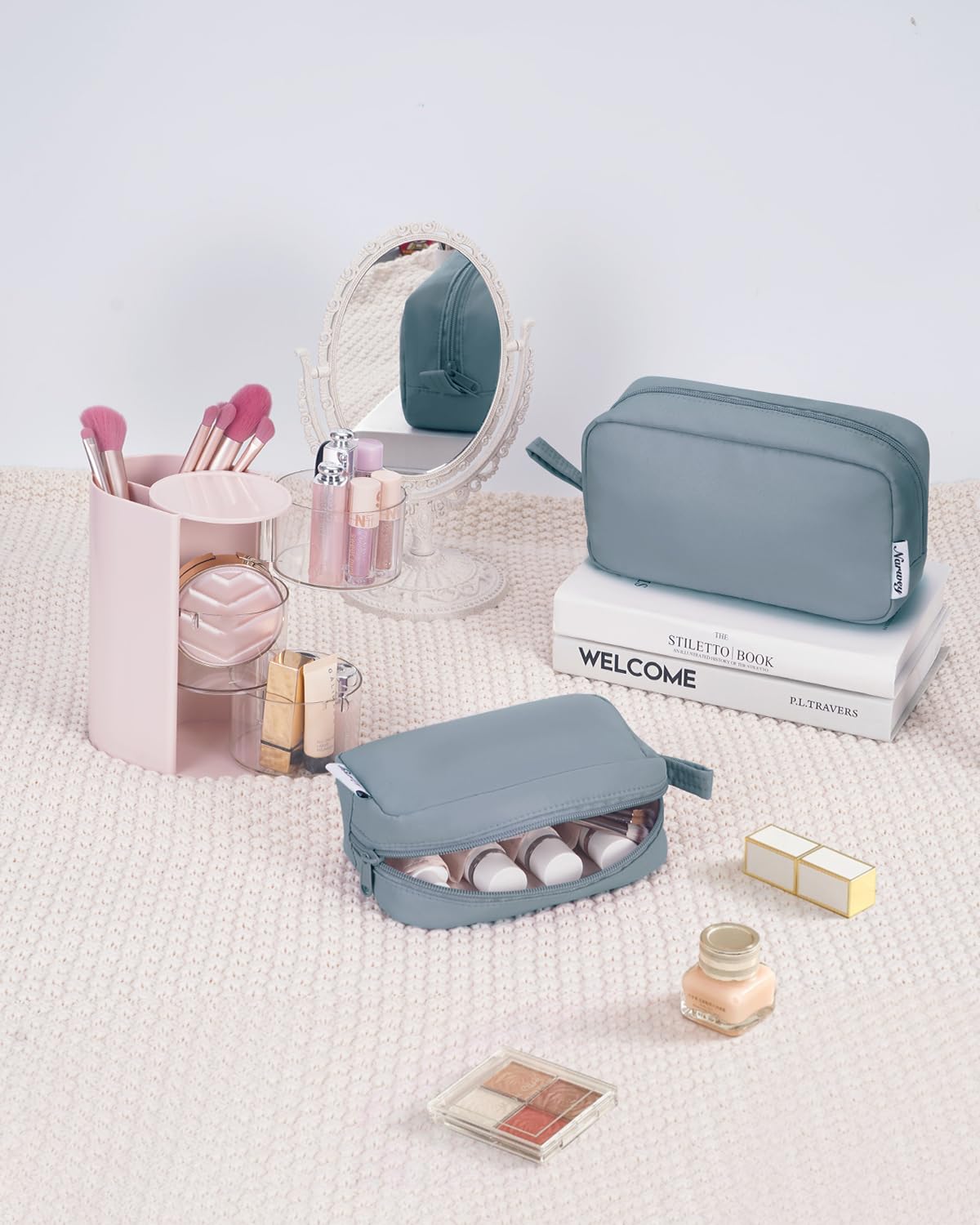 Narwey Cute Makeup Bag Small Toiletry Bag Travel Cosmetic Bag Organizer Make Up Bags with Organized Pockets for Women (Greyish Blue, Large)