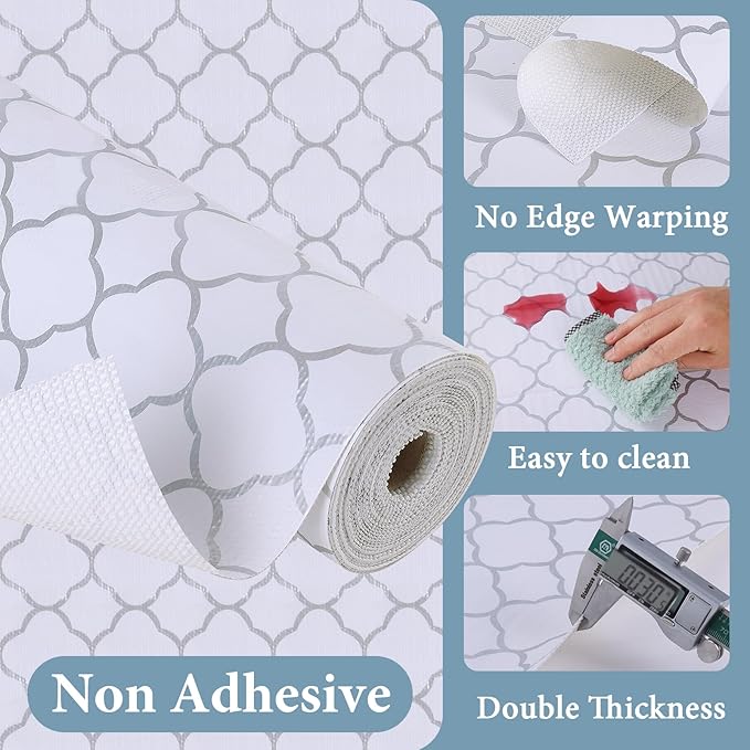 Shelf Liners for Kitchen Cabinets 23.6in x 20FT Non Adhesive Drawer Liner Silver Quatrefoil Shelf Liner Paper Strong Non-Slip Easy to Clean for Tool Box Refrigerator with Knife and Tape Measure