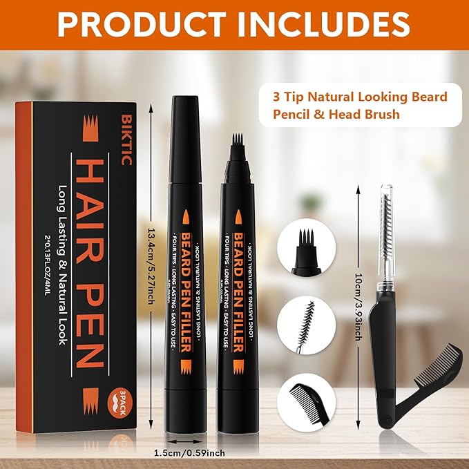 3-Pack Beard Pencil Filler for Men (Black), Four-fork Tip Beard Styling Pen