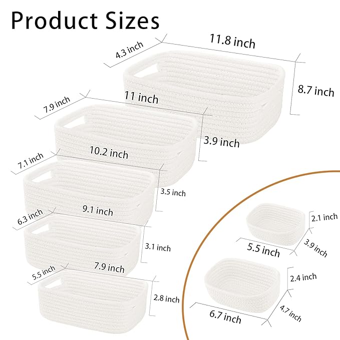 HLWDFLZ 7 Piece Cotton Rope Woven Basket Set - Small Basket for Baby Nursery, Pets, Montessori, Dog & Cat Toy Boxes, Bathroom Organization Bins (White)