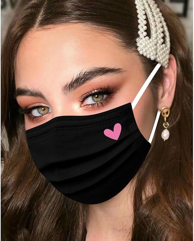 YOMEESOUL 50pcs Cute Disposable Face Masks, Pink And Black Masks with Hearts Printed, 3-Ply Full Protection for Women Teen Girls (Pink Hearts)