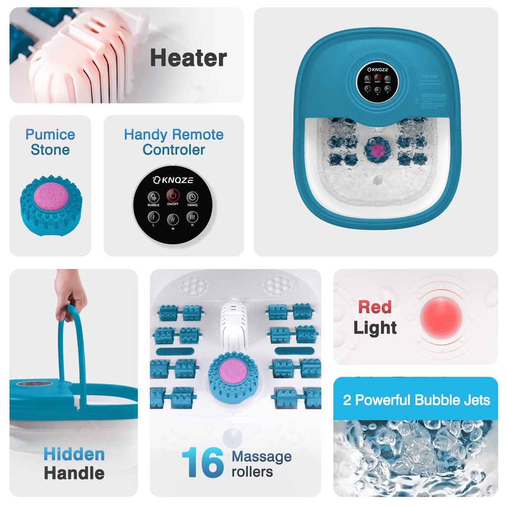 KNQZE Collapsible Foot Spa Bath with Heat & Bubble, Foot Soaking Tub with Timer and Red Light, 16 Rollers & Pumice Stone, Enjoy Warm Water Foot Bath, Gift for Wife and Mom, Blue