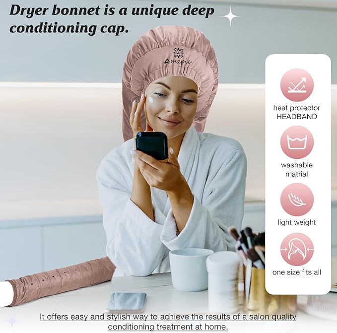 Bonnet Hair Dryer Attachment - Bonnet Hood Dryer with Headband That Reduces Heat Around Ears and Neck, Use for Hair Styling, Hair Drying, Curling and Deep Conditioning (Extended Version, Pink)