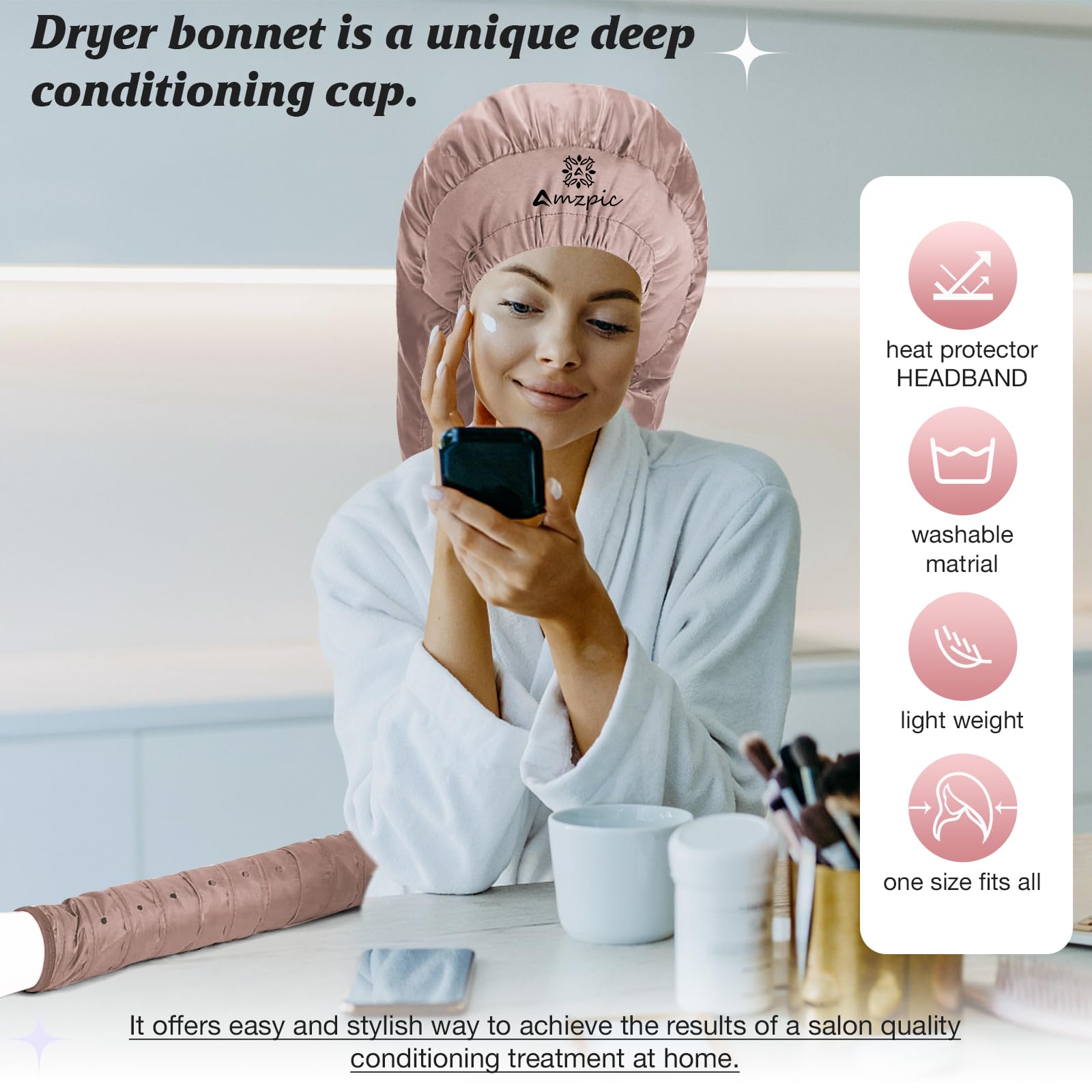 Bonnet Hair Dryer Attachment - Bonnet Hood Dryer with Headband that Reduces Heat Around Ears and Neck, Use for Hair Styling, Hair Drying, Curling and Deep Conditioning (Extended Version, Pink)