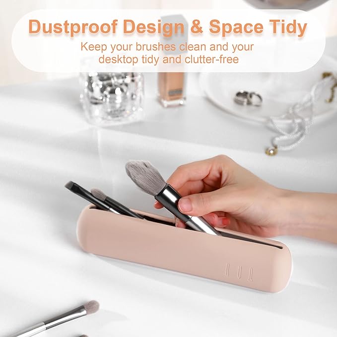 FERYES Travel Makeup Brush Holder, Magnetic Anti-fall Out Silicon Portable Cosmetic Face Brushes Holder, Soft and Sleek Makeup Tools Organizer for Travel-Khaki（7.8 * 1.89 * 0.8 Inches）