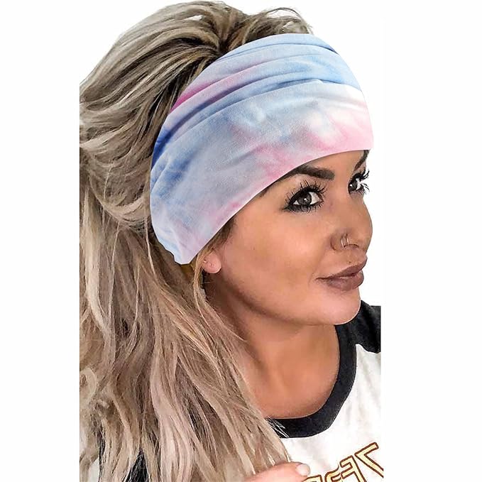 Boho Headbands For Women Fashion Stretch Wide Hair Bands Tie Dye Knoted Turban Head Bands Yoga Running Sweatband Elastic Headband Stylish Wrap Headbands Hair Accessories for Teen Girls 4 Pack