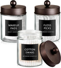 SheeChung Qtip Holder Dispenser for Bathroom Vanity Organizer and Farmhouse Decor - Stylish Glass Apothecary Jar with Stainless Steel Lid and Sticker,Bathroom Countertop Storage Canister(Bronze,3Pack)