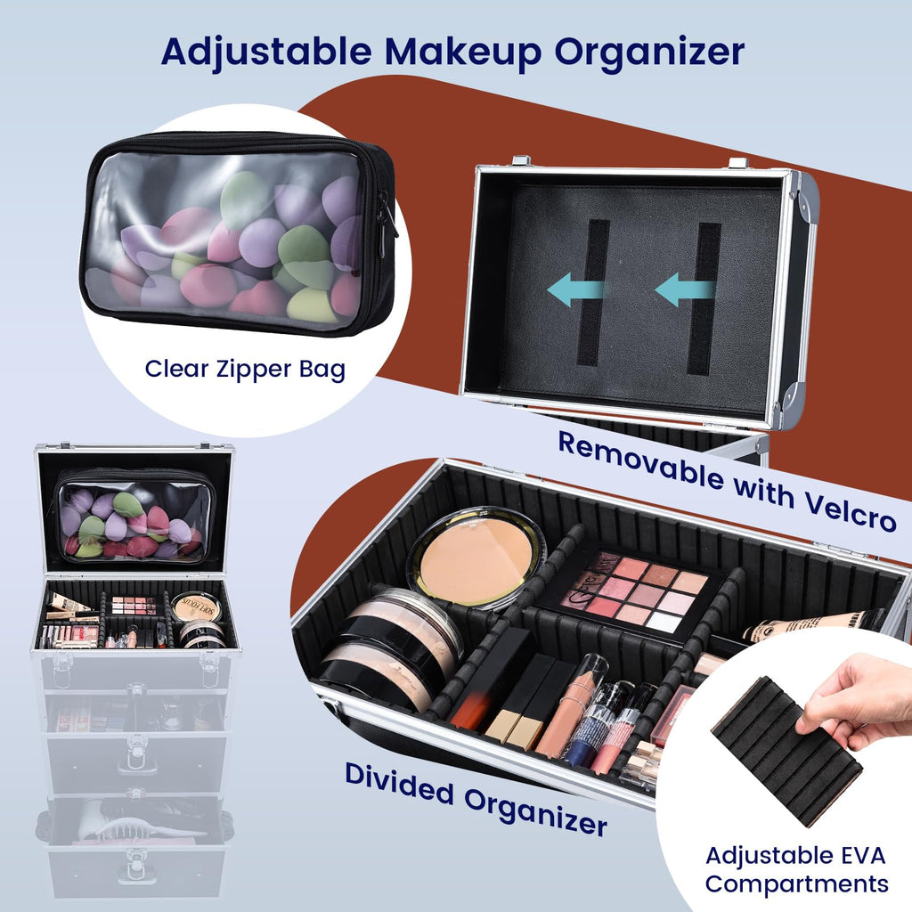 Adazzo Professional Rolling Makeup Train Case with Drawers, Large Cosmetic Trolley with Locks, Cosmetics Storage Organizer Make up Case for Travel Makeup/Nail Art/Hair Styling, Matte Black