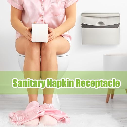 Tioncy 1 Pack Sanitary Napkin Disposal Receptacle with Feminine Hygiene Disposal Bag Stainless Steel Tampon Bin Trash Can Wall Mounted Waste Tampon Holder Feminine Hygiene Container (Silver)