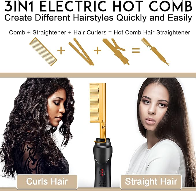 NICEMOVIC Ceramic Heating Hair Straightener Comb - Hot Pressing Brush for Natural Black Hair, Beard Wigs, and Curling (Gold)