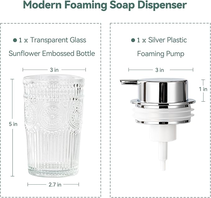 AZMOYAC Glass Foaming Soap Dispenser - Foam Hand Soap Dispenser Bathroom, 10 OZ Clear Refillable Liquid Dispenser for Kitchen Dish Dispenser Silvery Foam Pump