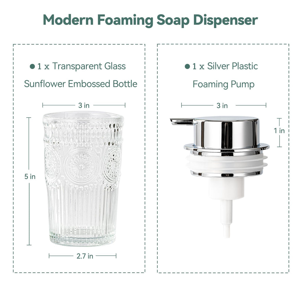 AZMOYAC Glass Foaming Soap Dispenser - Foam Hand Soap Dispenser Bathroom, 10 OZ Clear Refillable Liquid Dispenser for Kitchen Dish Dispenser Silvery Foam Pump