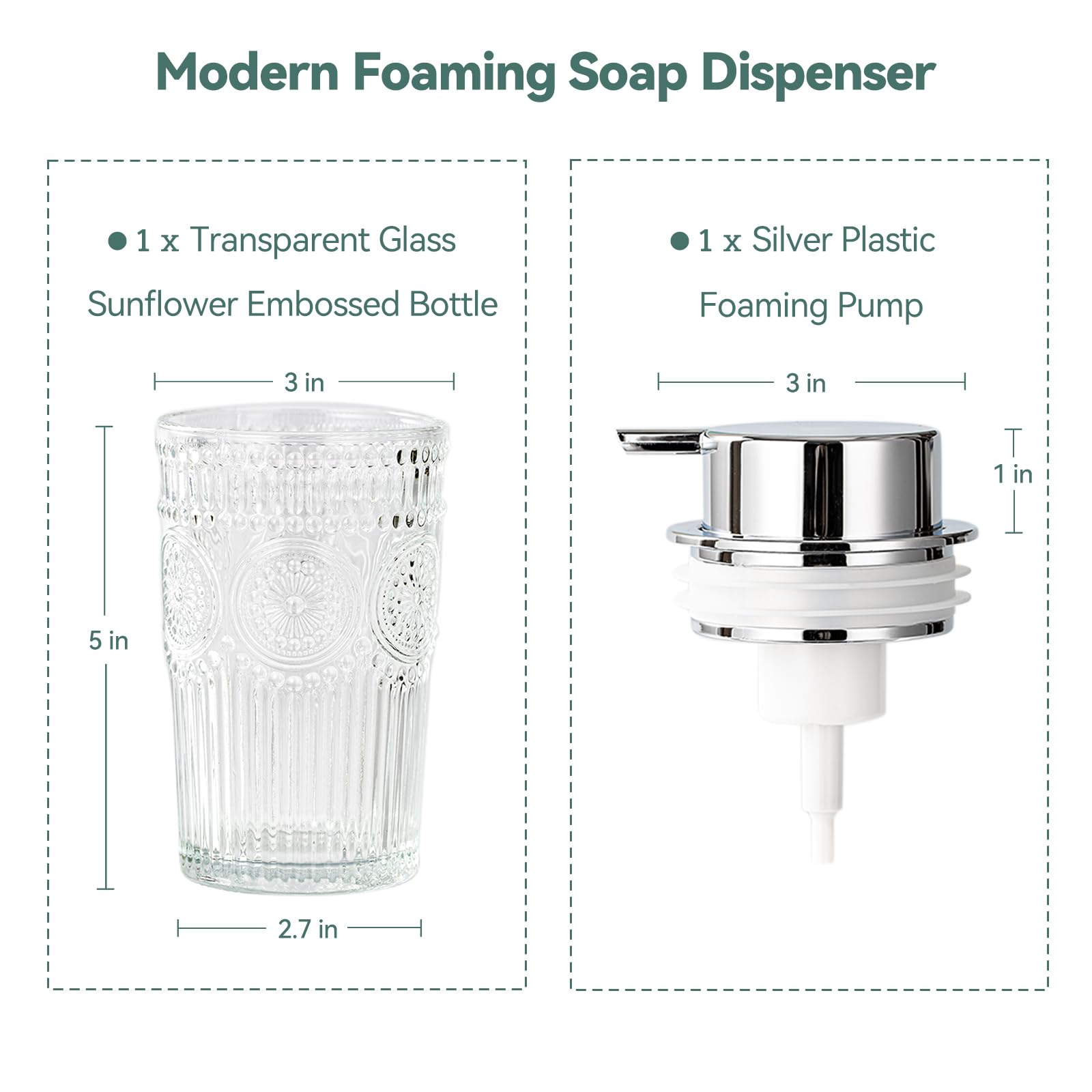 AZMOYAC Glass Foaming Soap Dispenser - Foam Hand Soap Dispenser Bathroom, 10 OZ Clear Refillable Liquid Dispenser for Kitchen Dish Dispenser Silvery Foam Pump