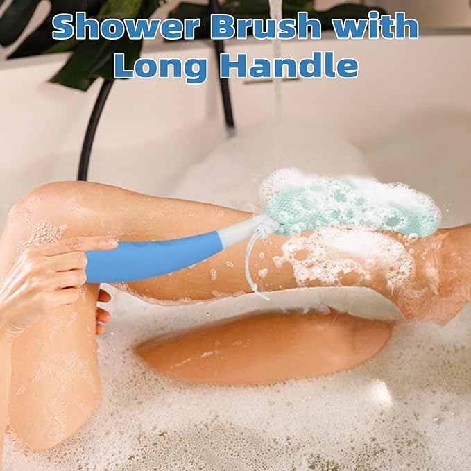 15.35" Back Bath Brush with Sponge,Back Scrubber Bath Mesh with Curved Long Handle Bath Body Brush for Elderly Aid Bathing and Shower
