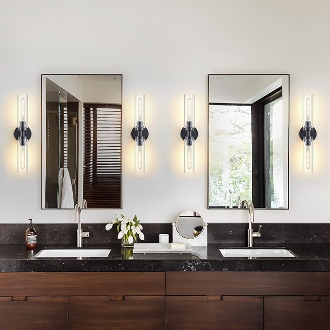 2-Light Black Bathroom Light Fixtures Over Mirror Modern Farmhouse Vanity Light Wall Lighting with Clear Glass Shade for Bathroom, Bedroom, Hallway, Cabinet