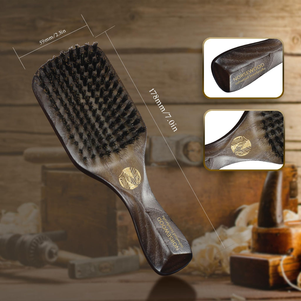 NORSEWOOD Boar Bristle Brush for Shine and Texture - Stiff Bristles for Medium Hair/Beards, Cleaning Brush Included
