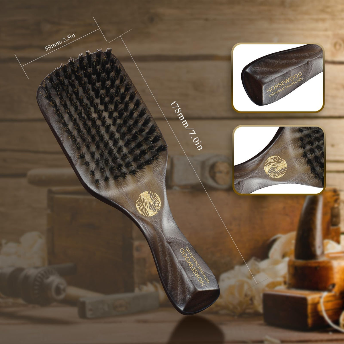 NORSEWOOD Boar Bristle Brush for Shine and Texture - Stiff Bristles for Medium Hair/Beards, Cleaning Brush Included