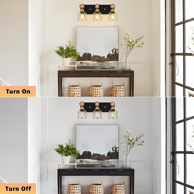 FadimiKoo Black and Gold Vanity Light, 3-Light Farmhouse Vanity Light, Bathroom Light Fixtures Over Mirror, Industrial Indoor Wall Mounted lamp for Bathroom, Living Room, Cabinet, Bedroom